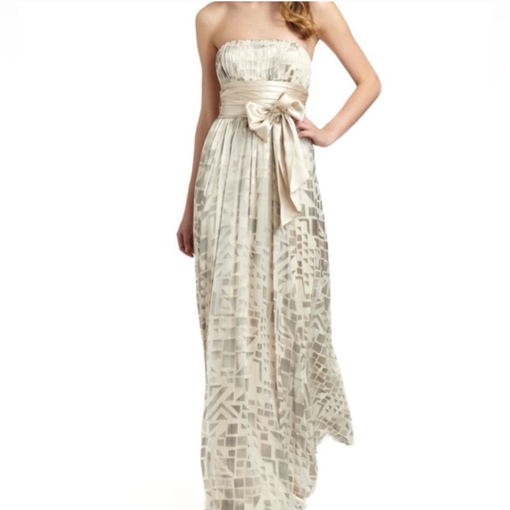NWT - BCBGMaxAzria Long Chiffon Silk Flowy Silvery-Beige 
Gown - Picture 4 of 11